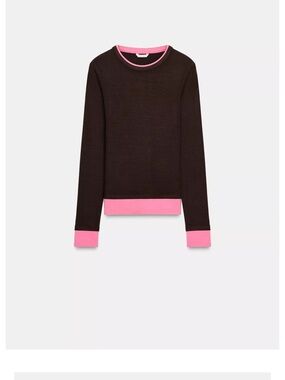 Zara Brow Crewneck Sweater with Pink Contrast Trim